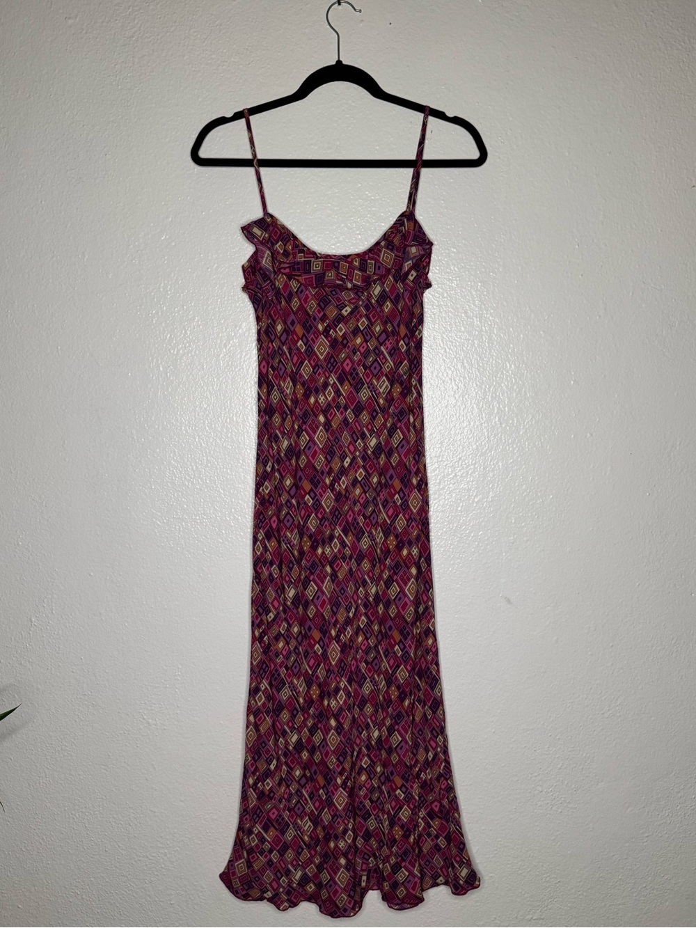 Jaloux Zalu Rayon Maxi Dress VTG Y2k Boho Geometric Diamond Print Ruffle Medium